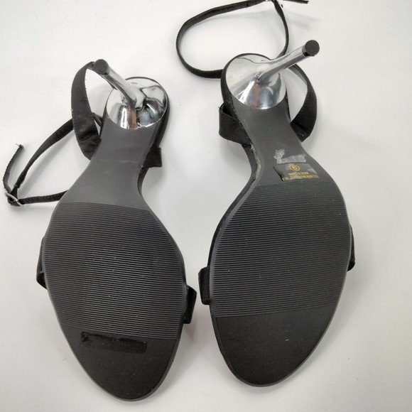 WET SEAL Sandals Ankle Strap Black Satin & Diamonds Silver 4.5" Stilettos Sz 9 - Picture 6 of 14